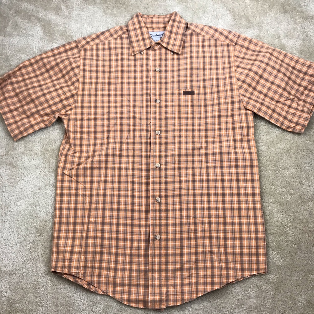 Carhartt Orange Plaid Button Down Shirt Mens Size S Small Short Sleeve Relaxed